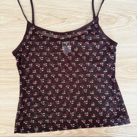Old Navy Large Y2K Brown Mesh Cami Top Dainty Boho Red Floral Coquette Grunge - Picture 6 of 7